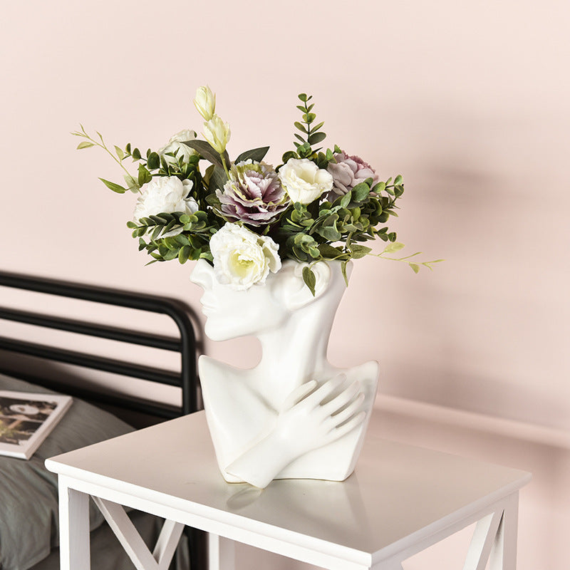 Modern Nordic Portrait Human Head Flower Resin Decorative Vase