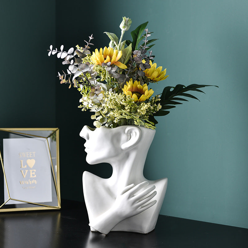 Modern Nordic Portrait Human Head Flower Resin Decorative Vase